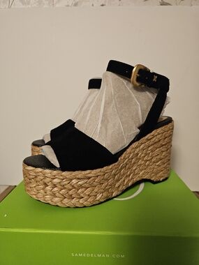 Sam Edelman Black Suede Espadrille Wedge Sandals with Natural Rope Platform